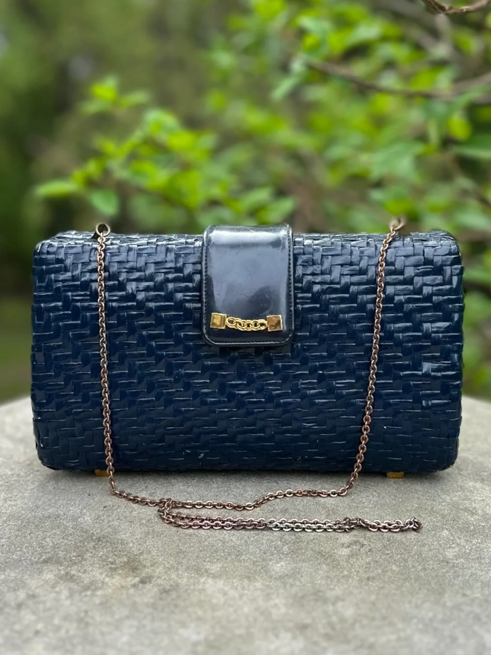 Navy Handbag, Vintage Koret Wicker Clutch, Great for Rush or Game Day